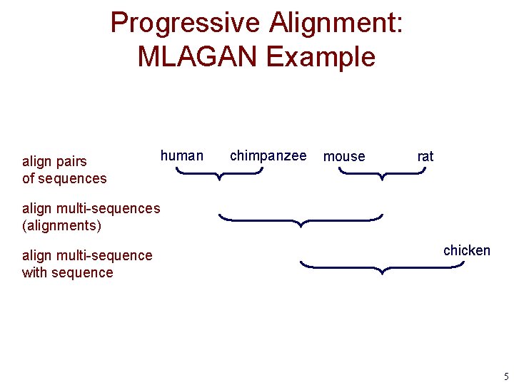 Progressive Alignment: MLAGAN Example align pairs of sequences human chimpanzee mouse rat align multi-sequences