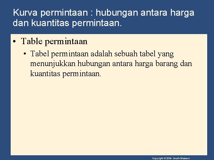 Kurva permintaan : hubungan antara harga dan kuantitas permintaan. • Table permintaan • Tabel