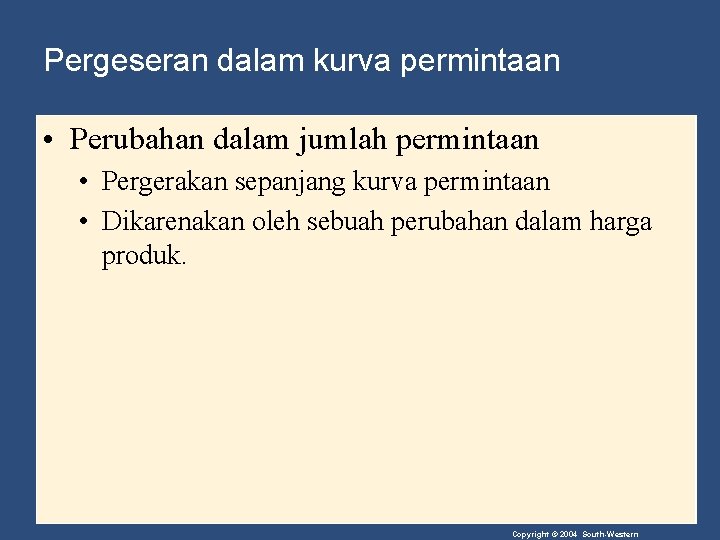 Pergeseran dalam kurva permintaan • Perubahan dalam jumlah permintaan • Pergerakan sepanjang kurva permintaan