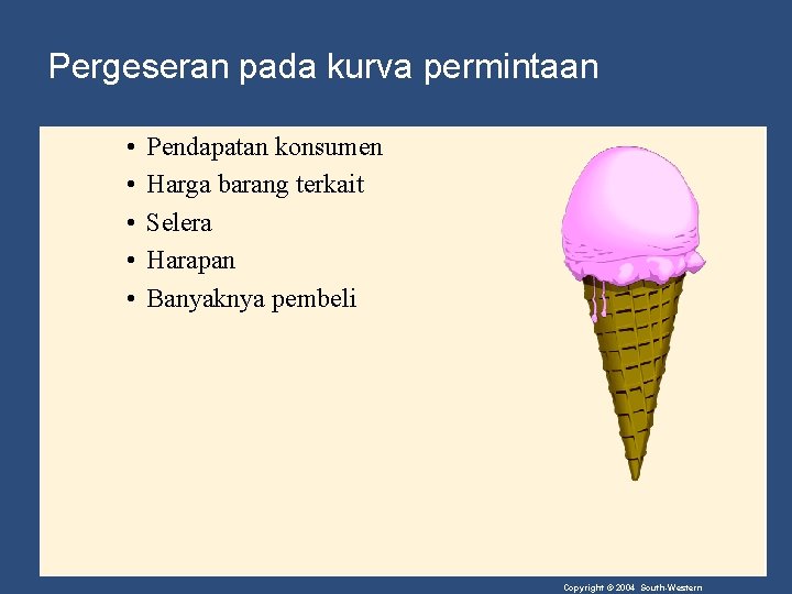 Pergeseran pada kurva permintaan • • • Pendapatan konsumen Harga barang terkait Selera Harapan