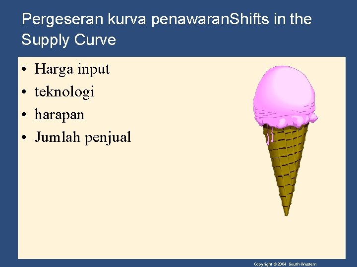 Pergeseran kurva penawaran. Shifts in the Supply Curve • • Harga input teknologi harapan