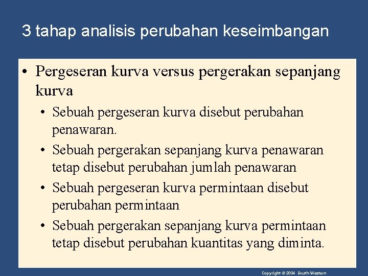 3 tahap analisis perubahan keseimbangan • Pergeseran kurva versus pergerakan sepanjang kurva • Sebuah
