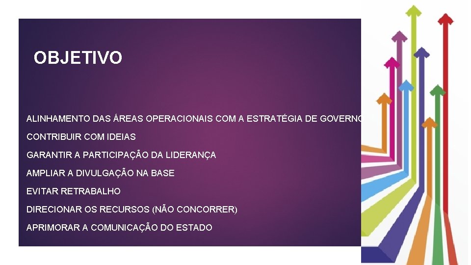 OBJETIVO ALINHAMENTO DAS ÁREAS OPERACIONAIS COM A ESTRATÉGIA DE GOVERNO CONTRIBUIR COM IDEIAS GARANTIR