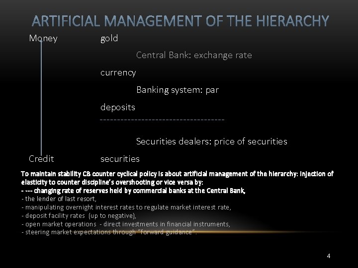 Money gold Central Bank: exchange rate currency Banking system: par deposits Securities dealers: price