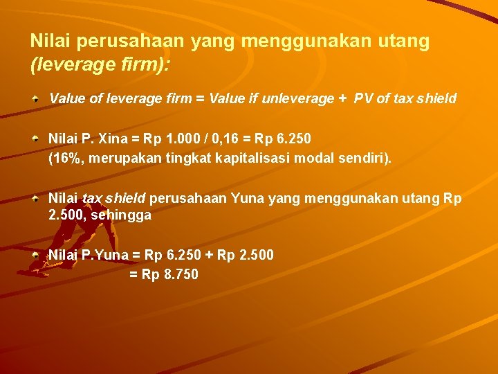 Nilai perusahaan yang menggunakan utang (leverage firm): Value of leverage firm = Value if