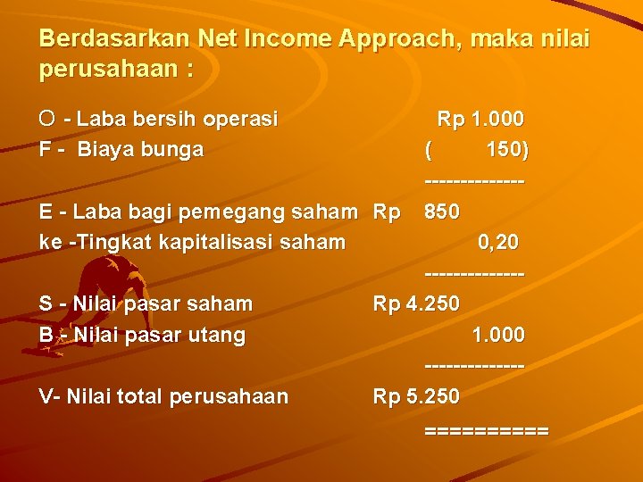 Berdasarkan Net Income Approach, maka nilai perusahaan : O - Laba bersih operasi F