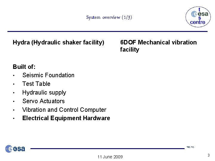 System overview (1/3) Hydra (Hydraulic shaker facility) 6 DOF Mechanical vibration facility Built of: