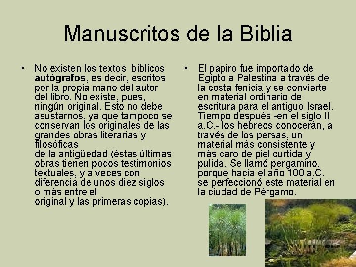 Manuscritos de la Biblia • No existen los textos bíblicos autógrafos, es decir, escritos