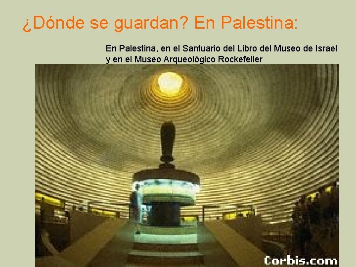 ¿Dónde se guardan? En Palestina: En Palestina, en el Santuario del Libro del Museo