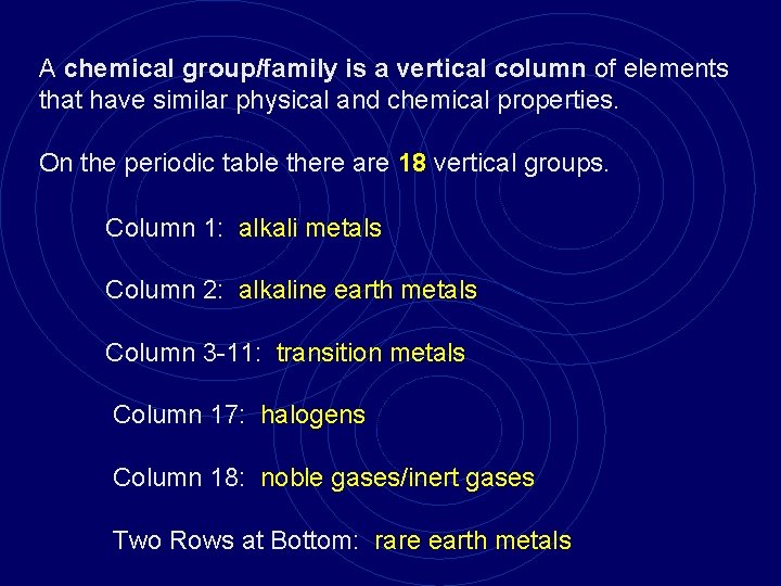 A chemical group/family is a vertical column of elements that have similar physical and