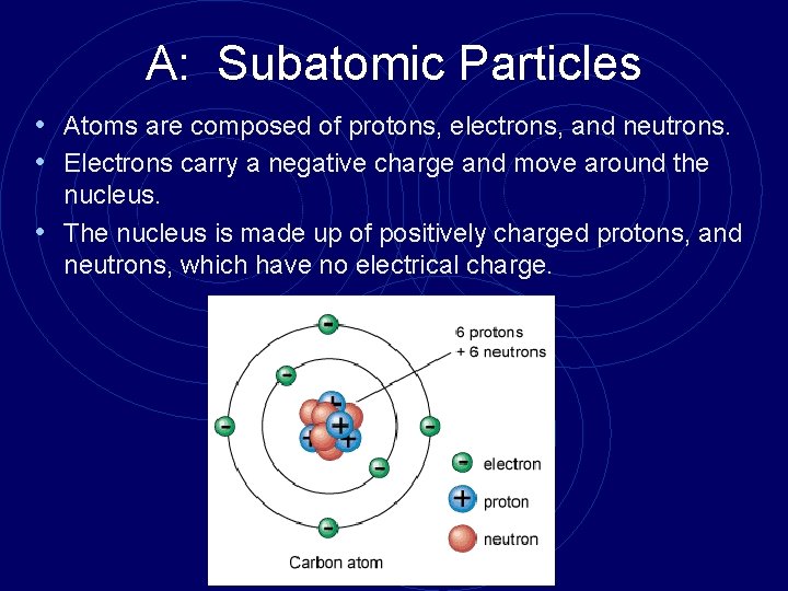 A: Subatomic Particles • Atoms are composed of protons, electrons, and neutrons. • Electrons