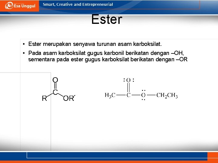 Ester • Ester merupakan senyawa turunan asam karboksilat. • Pada asam karboksilat gugus karbonil