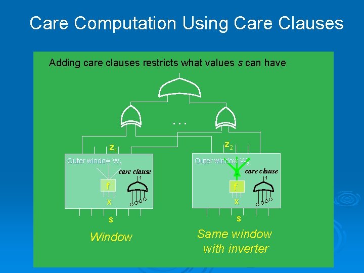 Care Computation Using Care Clauses Adding care clauses restricts what values s can have