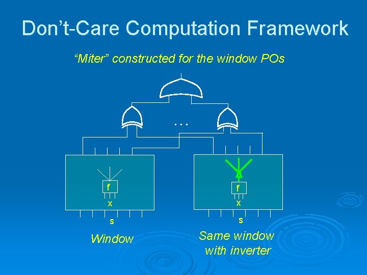 Don’t-Care Computation Framework “Miter” constructed for the window POs … f f x x