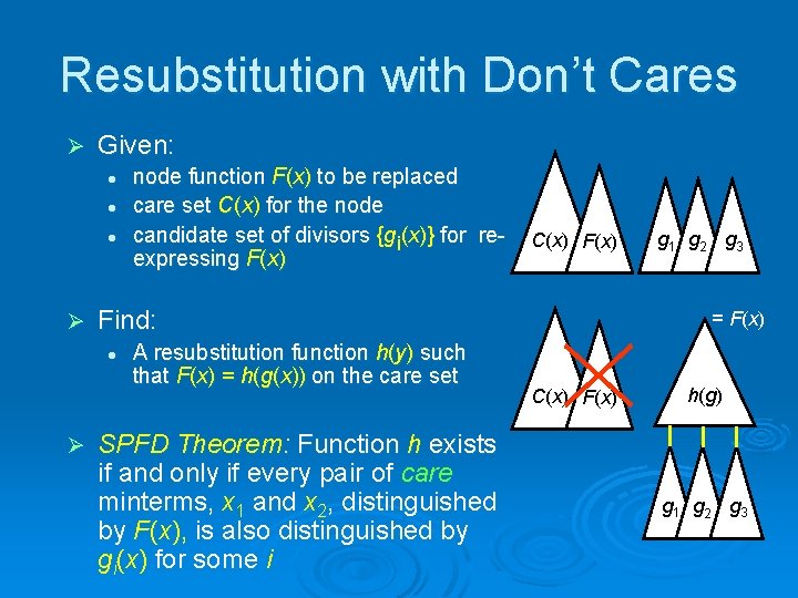 Resubstitution with Don’t Cares Ø Given: l l l Ø C(x) Find: l Ø