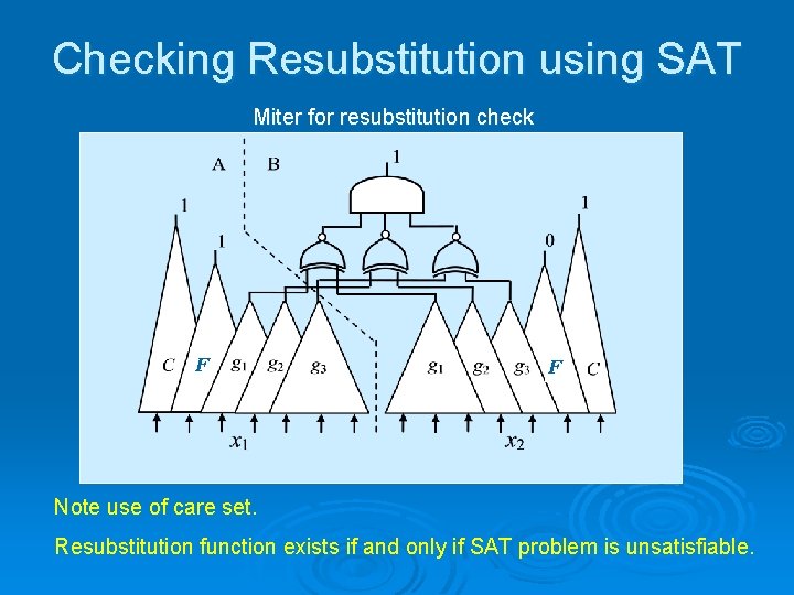 Checking Resubstitution using SAT Miter for resubstitution check F F Note use of care