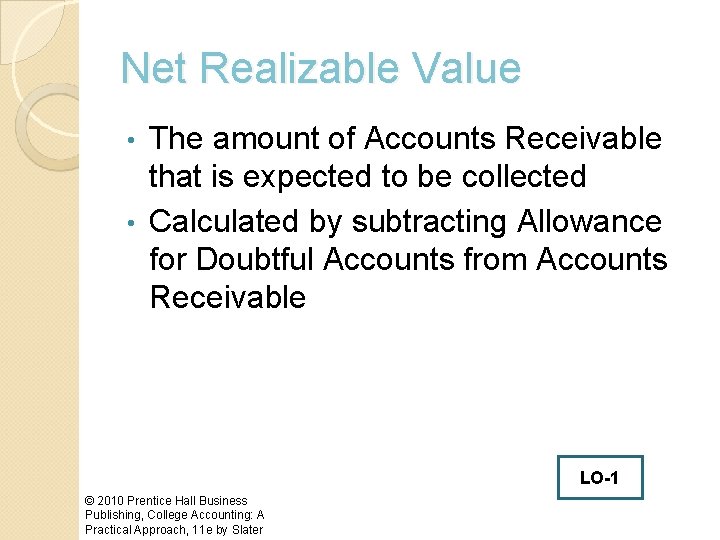 Net Realizable Value The amount of Accounts Receivable that is expected to be collected