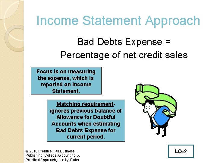Income Statement Approach Bad Debts Expense = Percentage of net credit sales Focus is