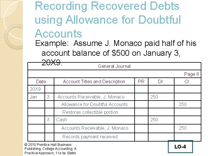 Recording Recovered Debts using Allowance for Doubtful Accounts Example: Assume J. Monaco paid half