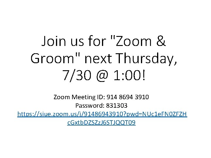 Join us for "Zoom & Groom" next Thursday, 7/30 @ 1: 00! Zoom Meeting