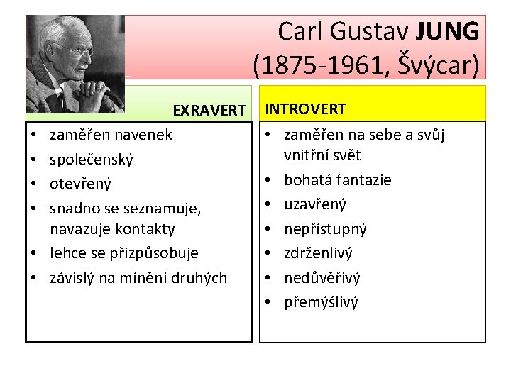 Carl Gustav JUNG (1875 -1961, Švýcar) • • • EXRAVERT zaměřen navenek společenský otevřený