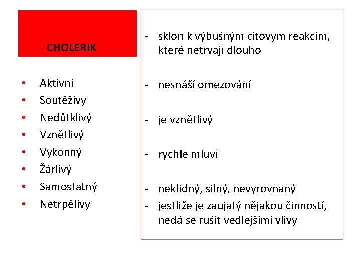 CHOLERIK • • Aktivní Soutěživý Nedůtklivý Vznětlivý Výkonný Žárlivý Samostatný Netrpělivý - sklon k