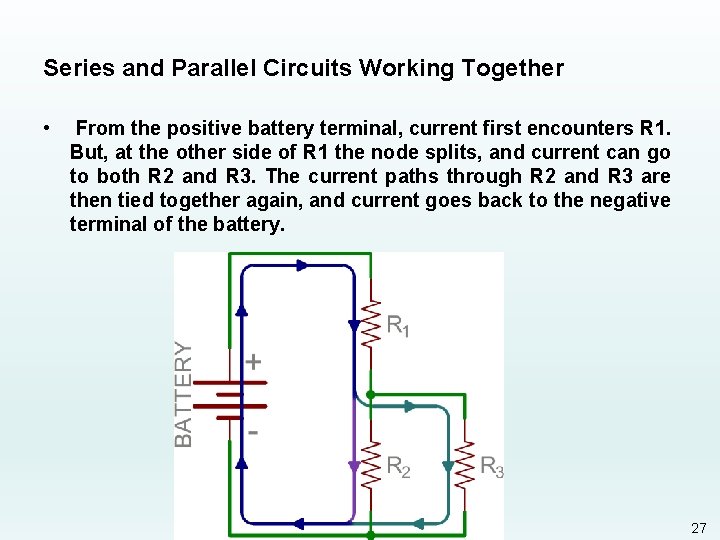 Series and Parallel Circuits Working Together • From the positive battery terminal, current first