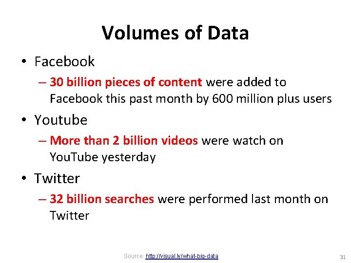 Volumes of Data • Facebook – 30 billion pieces of content were added to