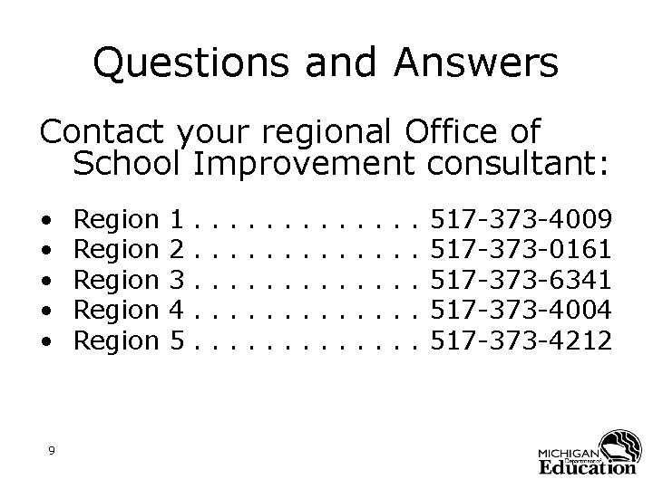 Questions and Answers Contact your regional Office of School Improvement consultant: • • •