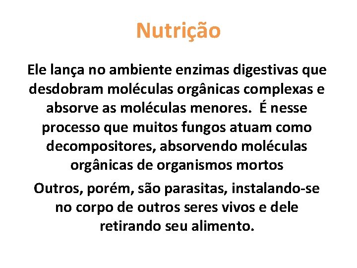 Nutrição Ele lança no ambiente enzimas digestivas que desdobram moléculas orgânicas complexas e absorve