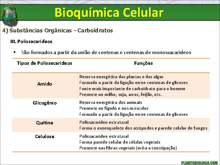 Bioquímica Celular 4) Substâncias Orgânicas - Carboidratos III. Polissacarídeos § São formados a partir