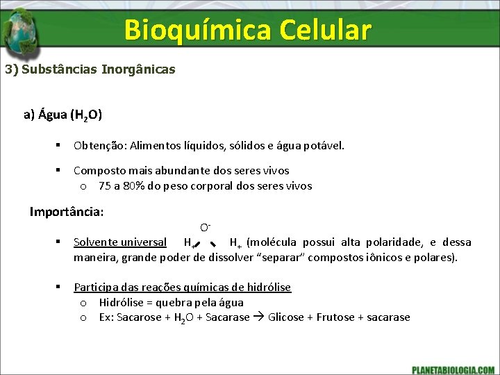 Bioquímica Celular 3) Substâncias Inorgânicas a) Água (H 2 O) § Obtenção: Alimentos líquidos,