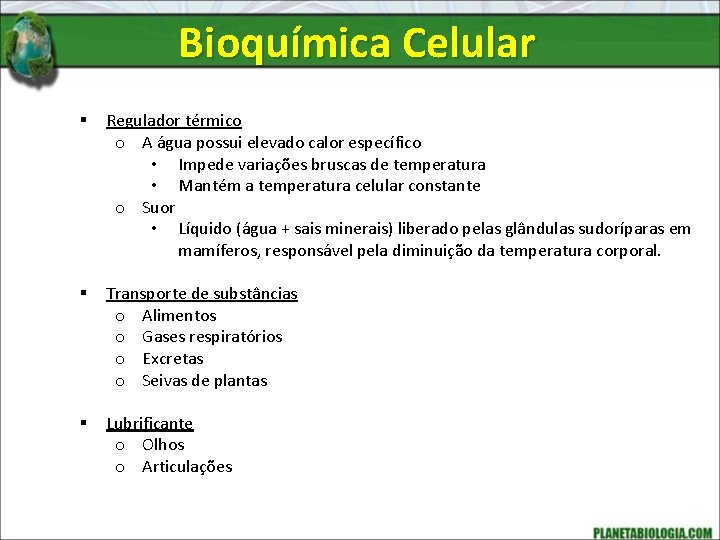 Bioquímica Celular § Regulador térmico o A água possui elevado calor específico • Impede