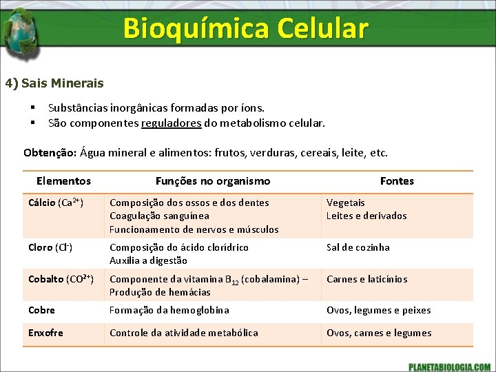 Bioquímica Celular 4) Sais Minerais § § Substâncias inorgânicas formadas por íons. São componentes