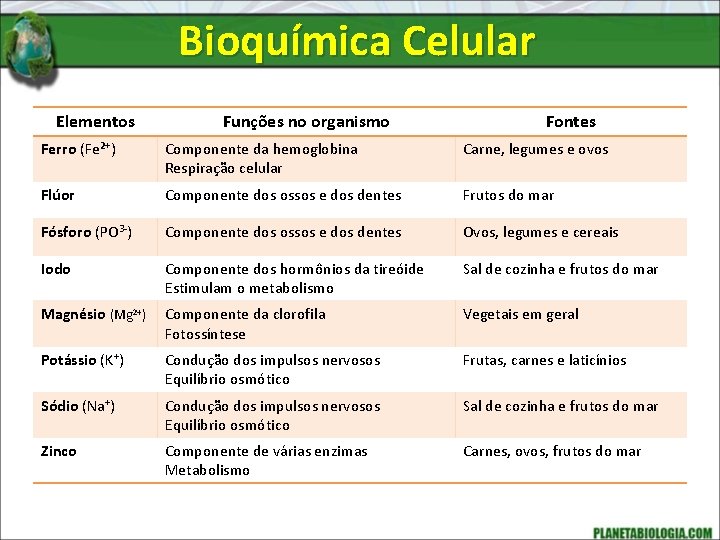 Bioquímica Celular Elementos Funções no organismo Fontes Ferro (Fe²+) Componente da hemoglobina Respiração celular