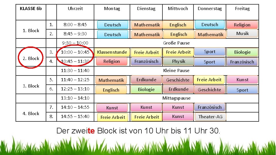 KLASSE 6 b 1. Block Uhrzeit Montag Dienstag Mittwoch Donnerstag Freitag 1. 8: 00