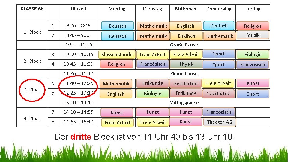 KLASSE 6 b 1. Block Uhrzeit Montag Dienstag Mittwoch Donnerstag Freitag 1. 8: 00