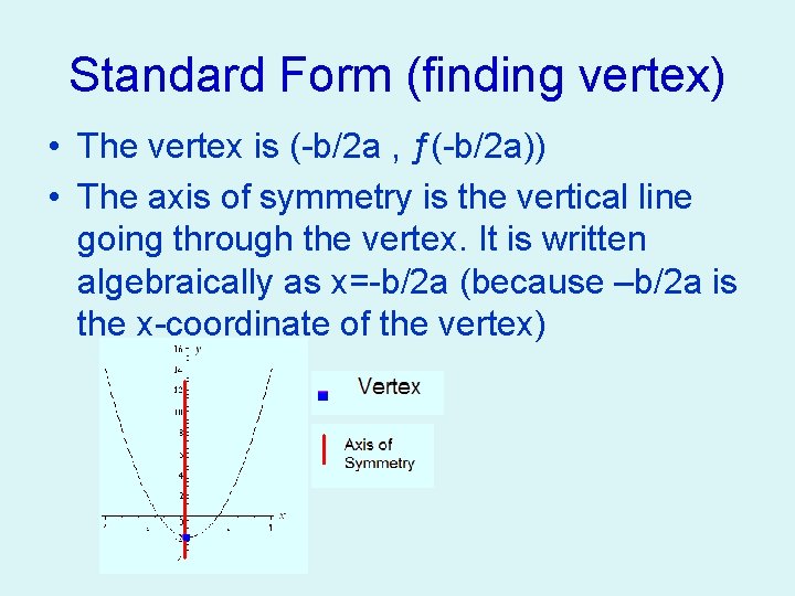 Standard Form (finding vertex) • The vertex is (-b/2 a , ƒ(-b/2 a)) •