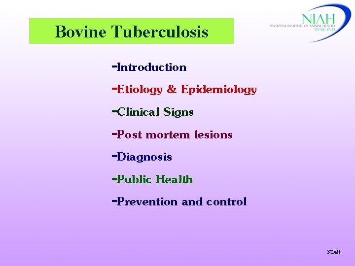 Bovine Tuberculosis -Introduction -Etiology & Epidemiology -Clinical Signs -Post mortem lesions -Diagnosis -Public Health