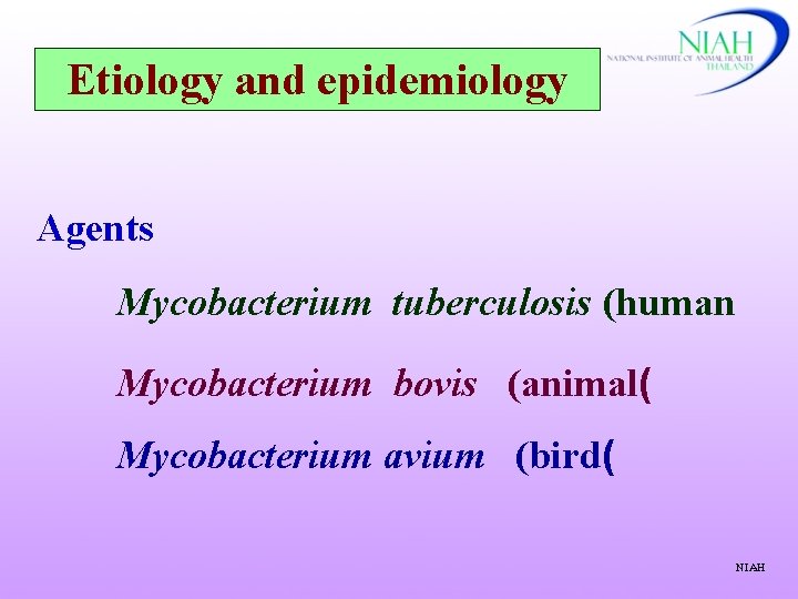 Etiology and epidemiology Agents Mycobacterium tuberculosis (human Mycobacterium bovis (animal( Mycobacterium avium (bird( NIAH