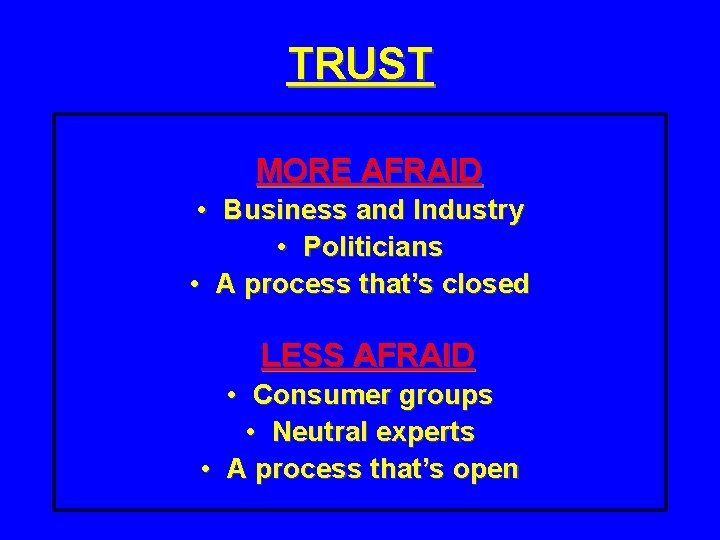 TRUST MORE AFRAID • Business and Industry • Politicians • A process that’s closed