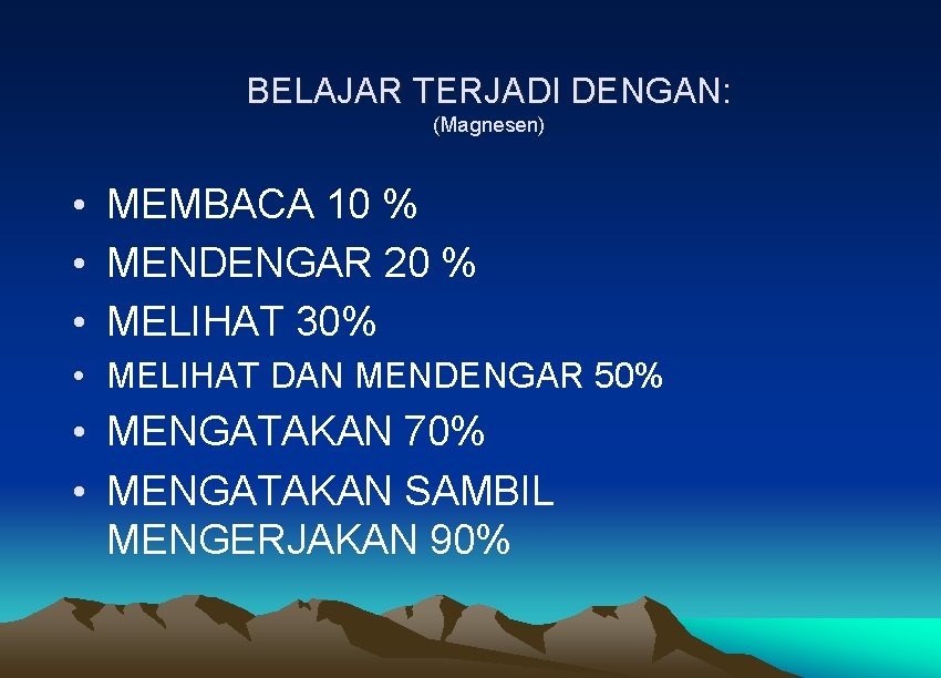 BELAJAR TERJADI DENGAN: (Magnesen) • MEMBACA 10 % • MENDENGAR 20 % • MELIHAT