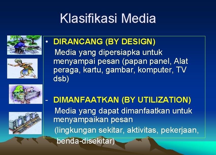 Klasifikasi Media • DIRANCANG (BY DESIGN) Media yang dipersiapka untuk menyampai pesan (papan panel,