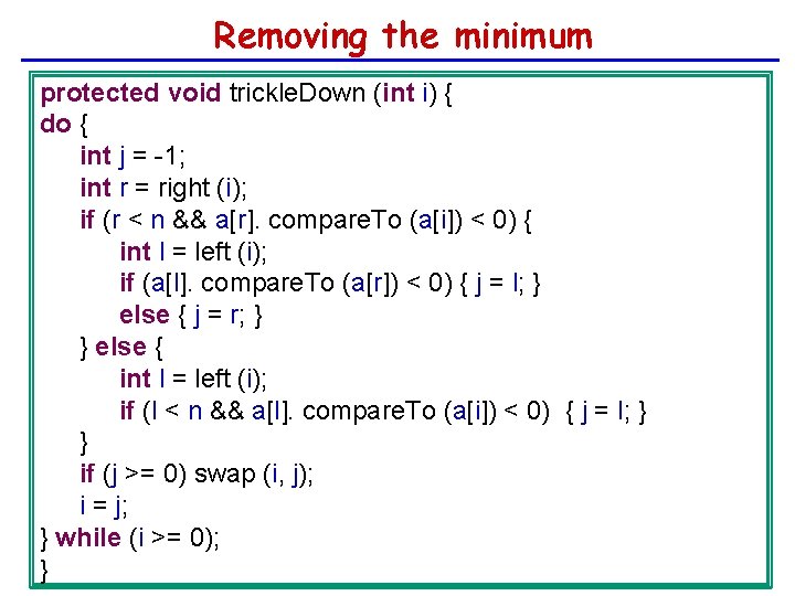 Removing the minimum protected void trickle. Down (int i) { do { int j