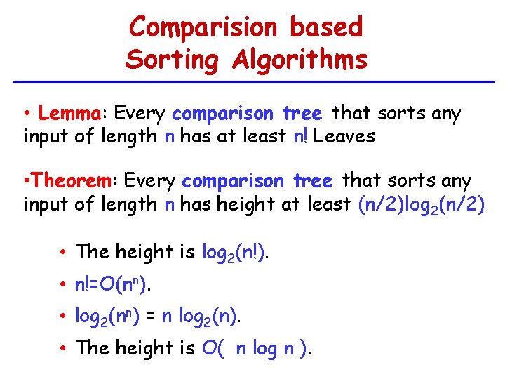 Comparision based Sorting Algorithms • Lemma: Every comparison tree that sorts any input of