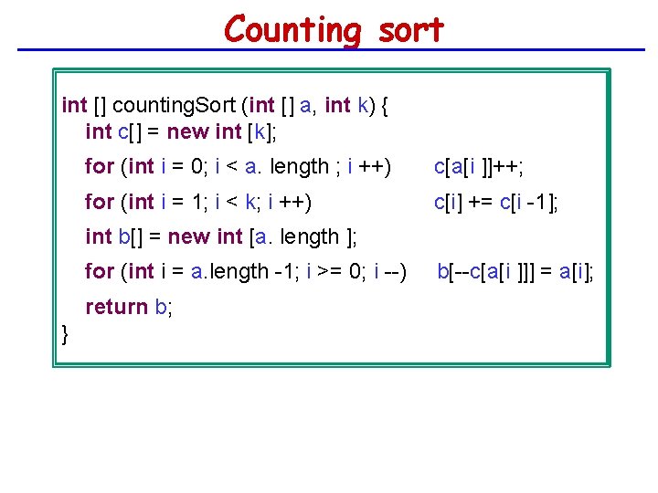 Counting sort int [] counting. Sort (int [] a, int k) { int c[]