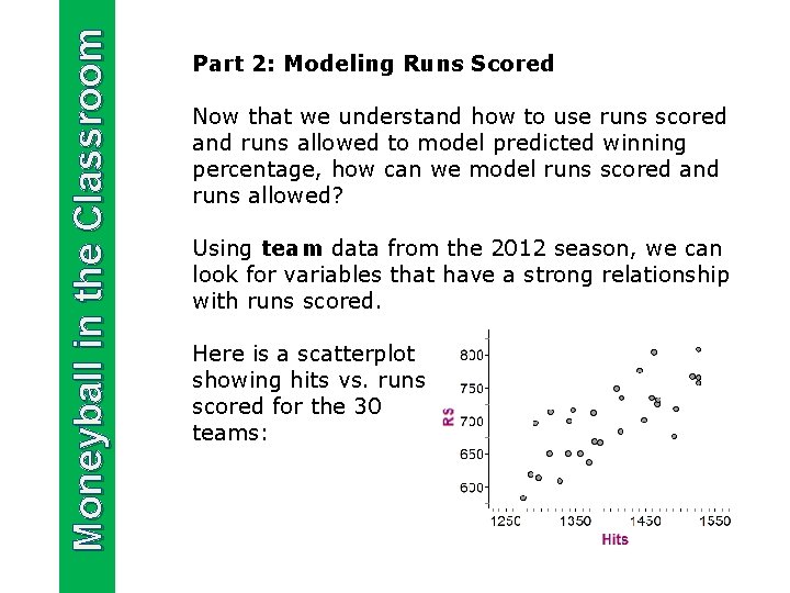 Moneyball in the Classroom Part 2: Modeling Runs Scored Now that we understand how