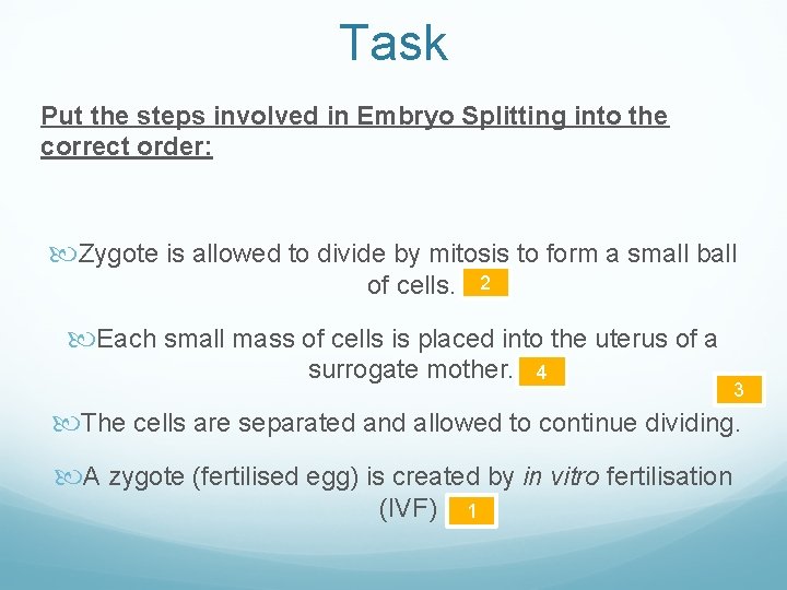 Task Put the steps involved in Embryo Splitting into the correct order: Zygote is