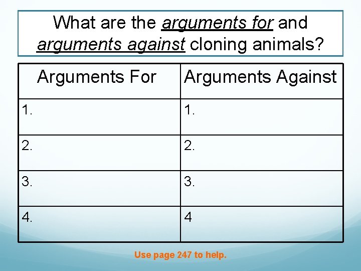 What are the arguments for and arguments against cloning animals? Arguments For Arguments Against
