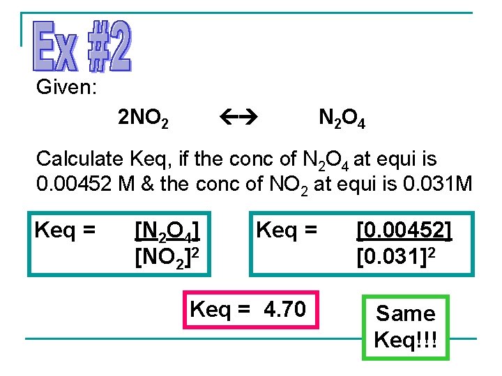 Given: 2 NO 2 N 2 O 4 Calculate Keq, if the conc of